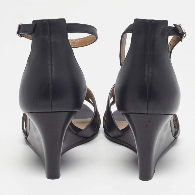 Pre Owned Hermes Legend Size 37.5 Black Leather Wedge Ankle Strap Sandals