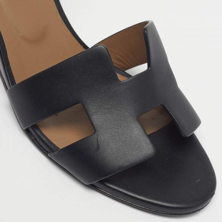 Pre Owned Hermes Legend Size 37.5 Black Leather Wedge Ankle Strap Sandals
