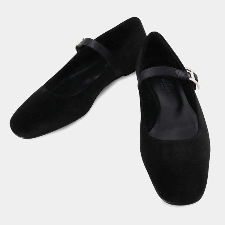 Pre Owned Hermes Ballet Shoes "Jane" Black Velvet Fabric Satin Size 37H