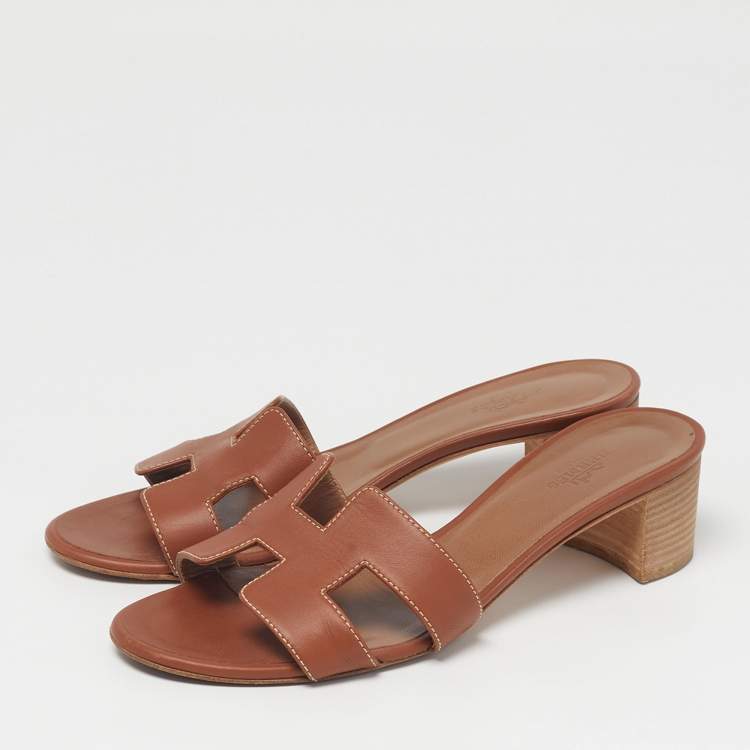 Pre Owned Hermes Oasis Size 36.5 Brown Leather Slide Sandals
