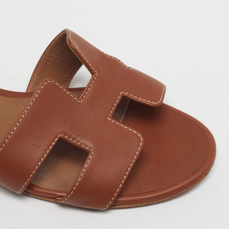Pre Owned Hermes Oasis Size 36.5 Brown Leather Slide Sandals