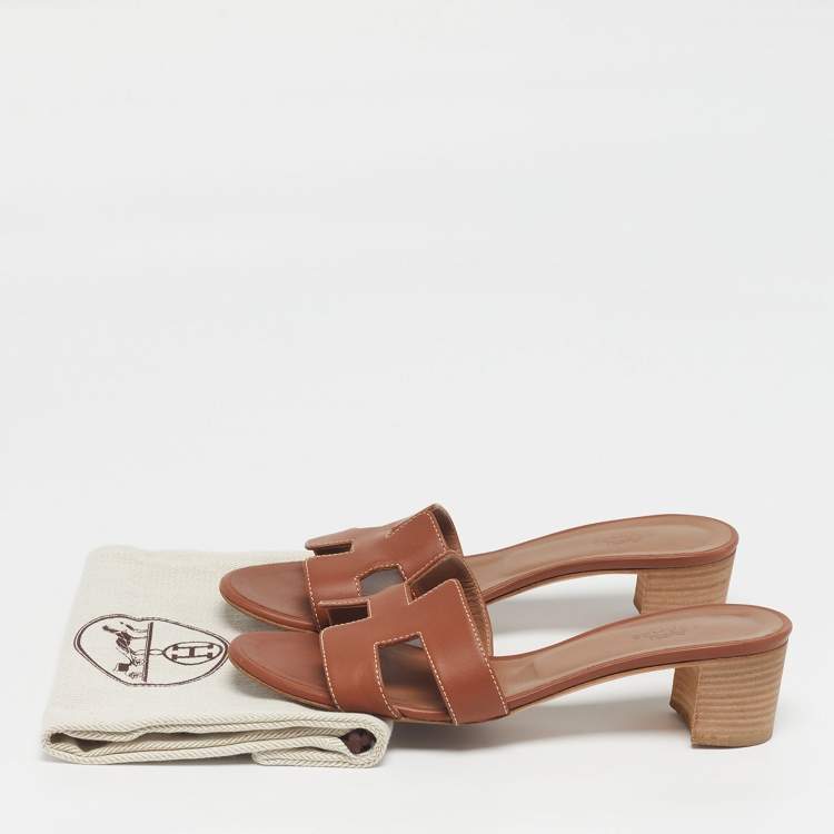 Pre Owned Hermes Oasis Size 36.5 Brown Leather Slide Sandals