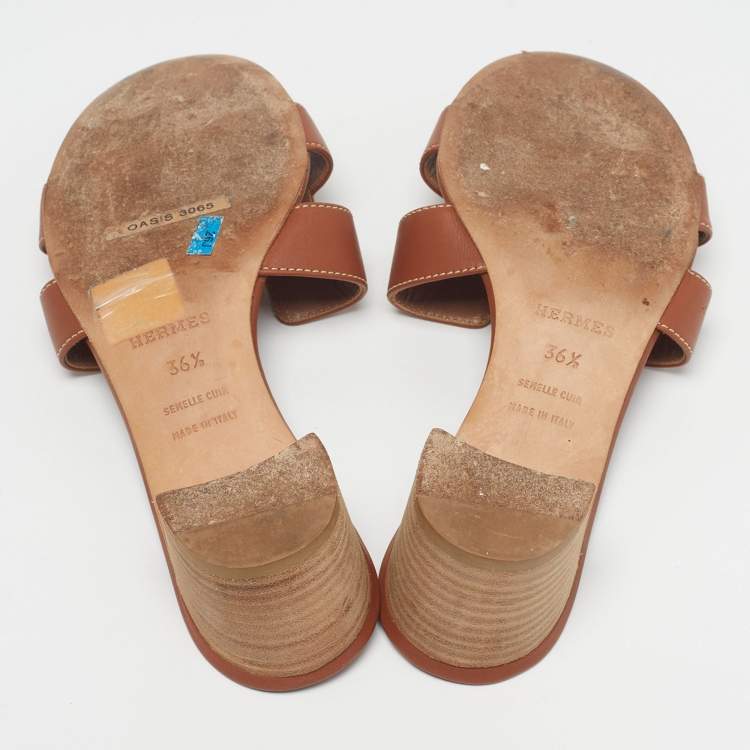 Pre Owned Hermes Oasis Size 36.5 Brown Leather Slide Sandals