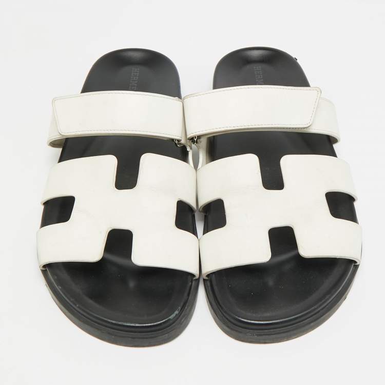 Pre Owned Hermes Chypre Size 41.5 White Leather Flat Sandals