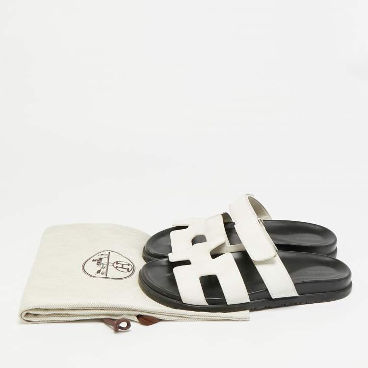 Pre Owned Hermes Chypre Size 41.5 White Leather Flat Sandals