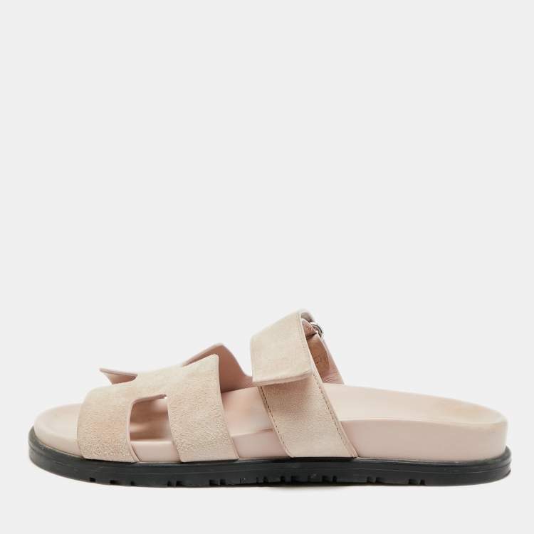 Pre Owned Hermes Chypre Size 37 Beige Suede Flat Slide