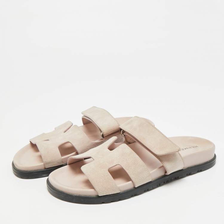 Pre Owned Hermes Chypre Size 37 Beige Suede Flat Slide