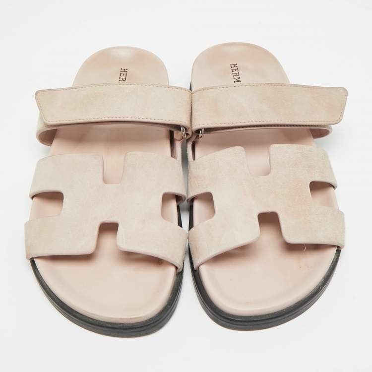 Pre Owned Hermes Chypre Size 37 Beige Suede Flat Slide