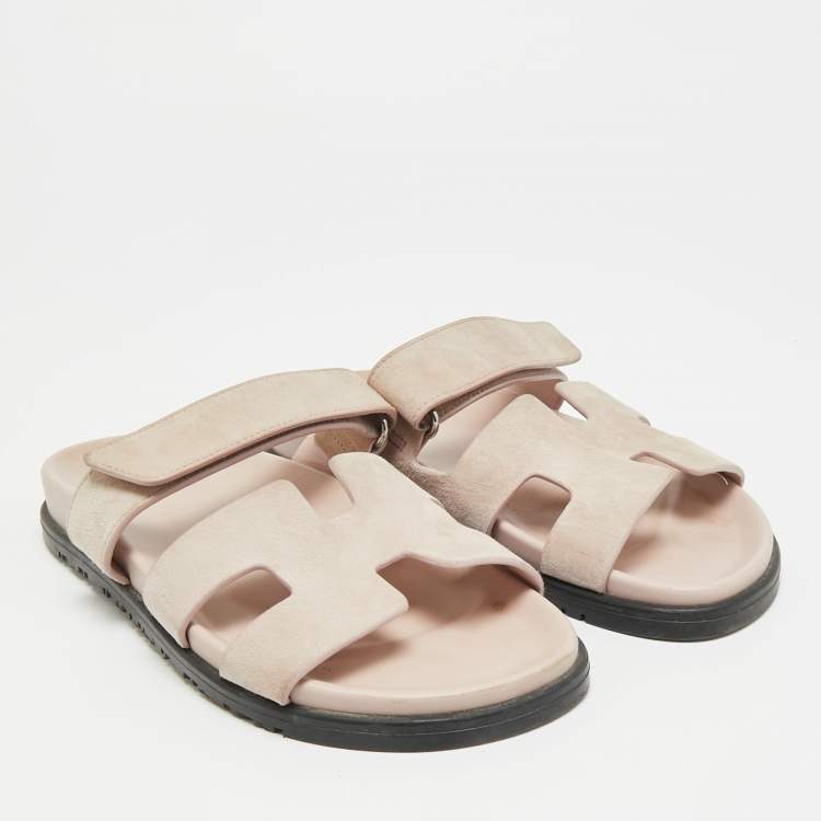 Pre Owned Hermes Chypre Size 37 Beige Suede Flat Slide