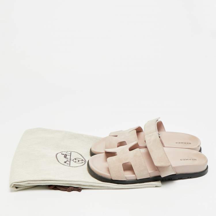 Pre Owned Hermes Chypre Size 37 Beige Suede Flat Slide