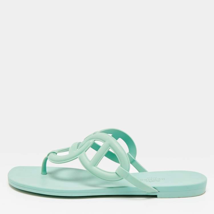 Pre Owned Hermes Egerie Size 38 Mint Green Rubber Thong Flat Sandals