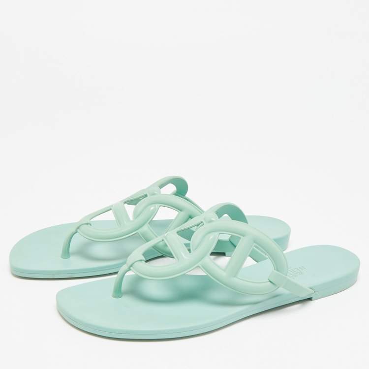 Pre Owned Hermes Egerie Size 38 Mint Green Rubber Thong Flat Sandals