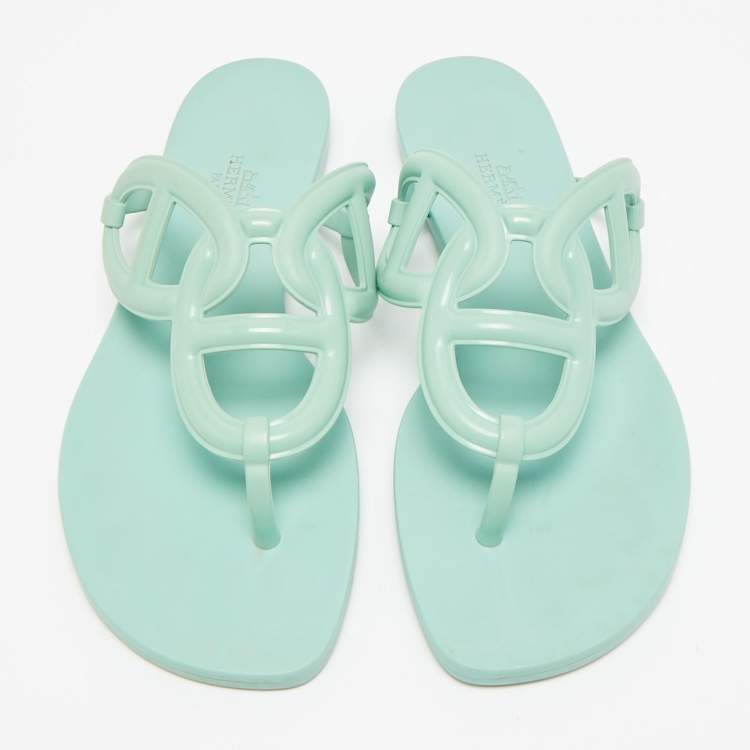 Pre Owned Hermes Egerie Size 38 Mint Green Rubber Thong Flat Sandals