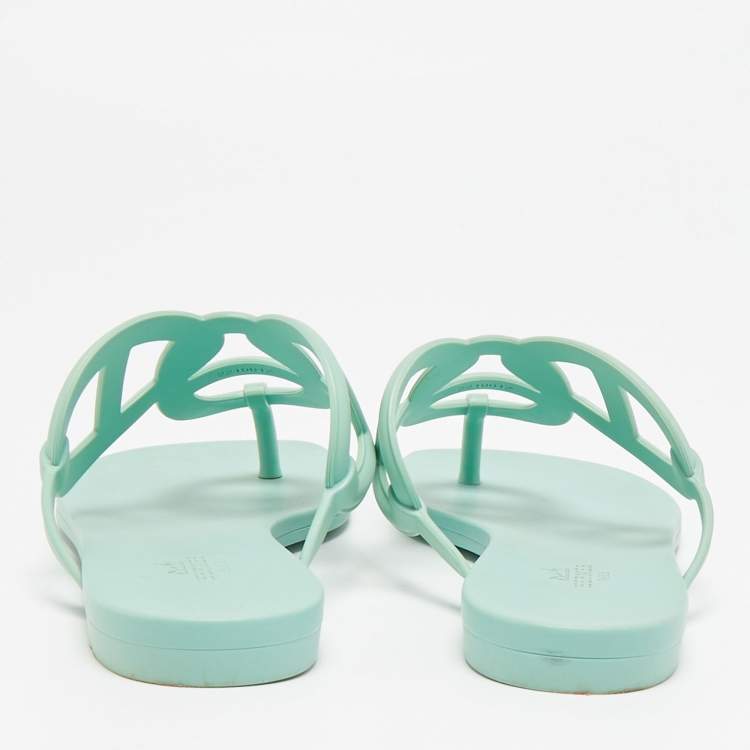 Pre Owned Hermes Egerie Size 38 Mint Green Rubber Thong Flat Sandals