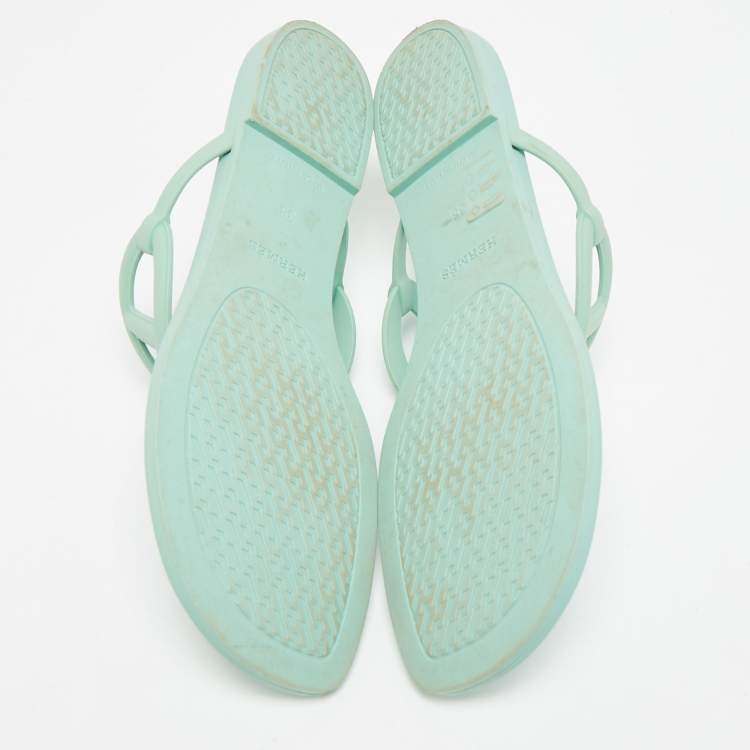 Pre Owned Hermes Egerie Size 38 Mint Green Rubber Thong Flat Sandals