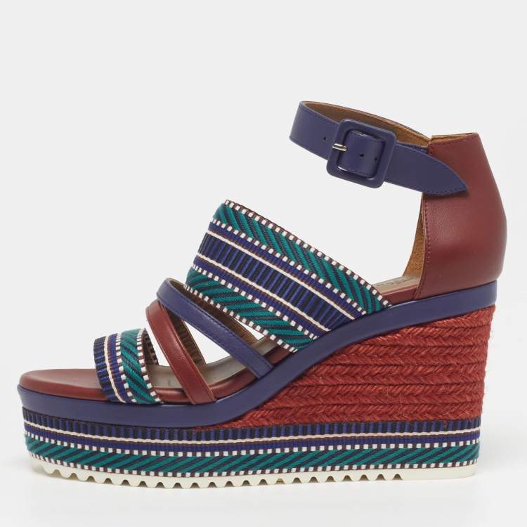 Pre Owned Hermes Roma Size 38.5 Multicolor Leather and Web Tape Platform Wedge Ankle Strap Sandals