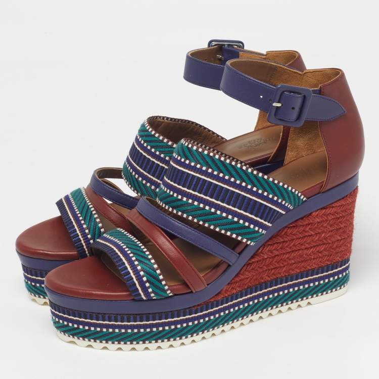 Pre Owned Hermes Roma Size 38.5 Multicolor Leather and Web Tape Platform Wedge Ankle Strap Sandals
