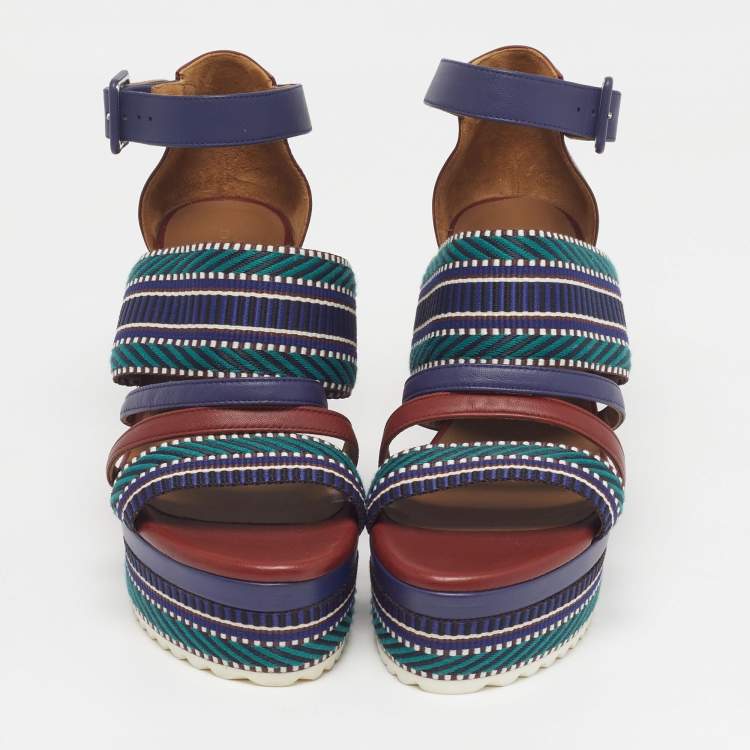 Pre Owned Hermes Roma Size 38.5 Multicolor Leather and Web Tape Platform Wedge Ankle Strap Sandals
