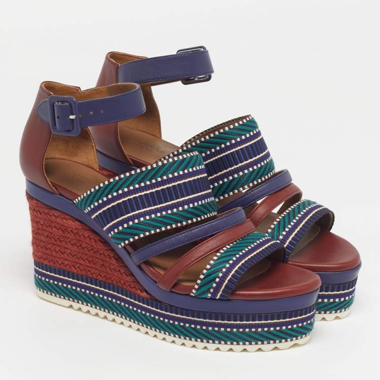 Pre Owned Hermes Roma Size 38.5 Multicolor Leather and Web Tape Platform Wedge Ankle Strap Sandals
