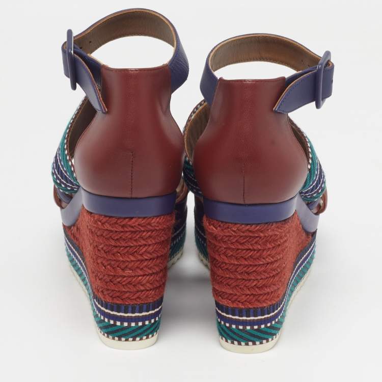Pre Owned Hermes Roma Size 38.5 Multicolor Leather and Web Tape Platform Wedge Ankle Strap Sandals