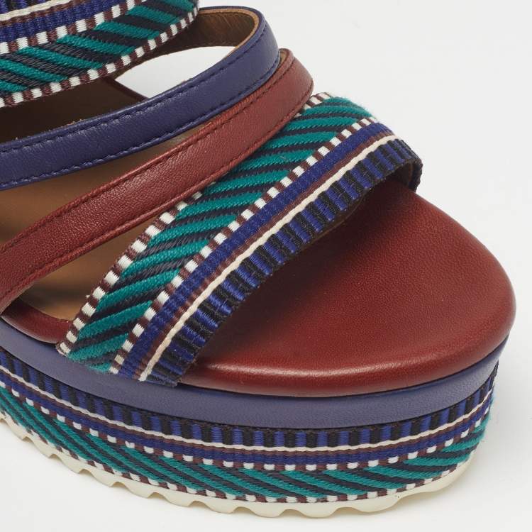 Pre Owned Hermes Roma Size 38.5 Multicolor Leather and Web Tape Platform Wedge Ankle Strap Sandals