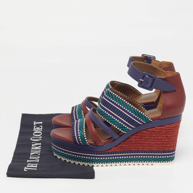 Pre Owned Hermes Roma Size 38.5 Multicolor Leather and Web Tape Platform Wedge Ankle Strap Sandals