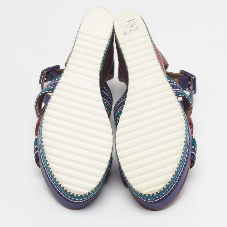 Pre Owned Hermes Roma Size 38.5 Multicolor Leather and Web Tape Platform Wedge Ankle Strap Sandals