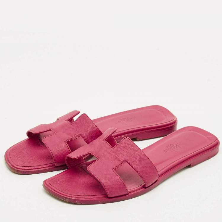 Pre Owned Hermes Oran Size 36 Pink Leather Flat Slides 