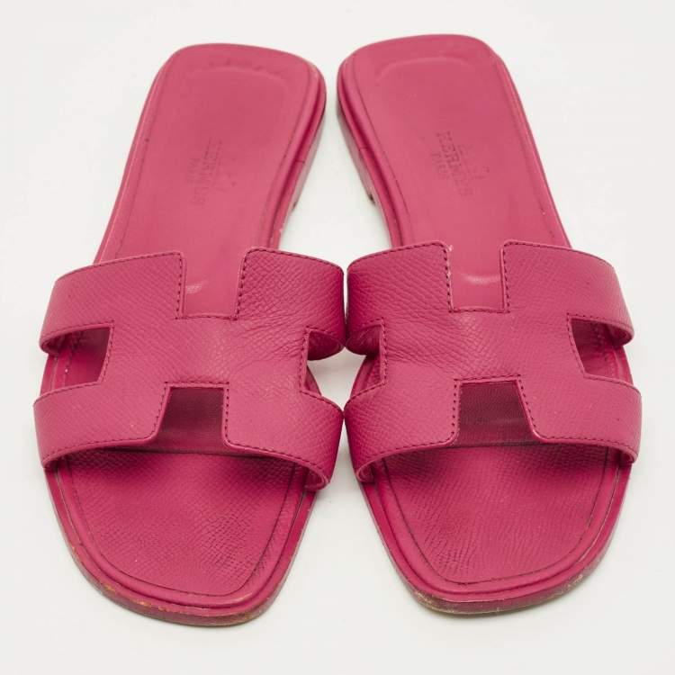 Pre Owned Hermes Oran Size 36 Pink Leather Flat Slides 