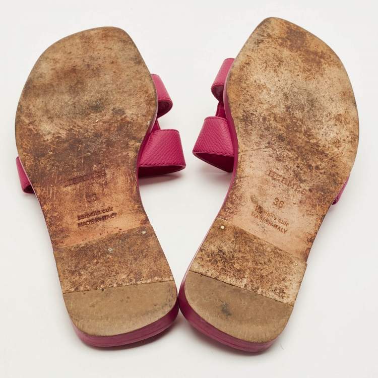 Pre Owned Hermes Oran Size 36 Pink Leather Flat Slides 