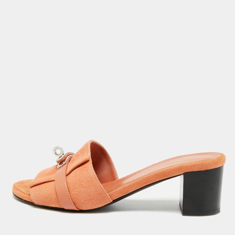 Pre Owned Hermès Gigi Size 37 Brown Leather and Suede Block Heel Slide Sandals