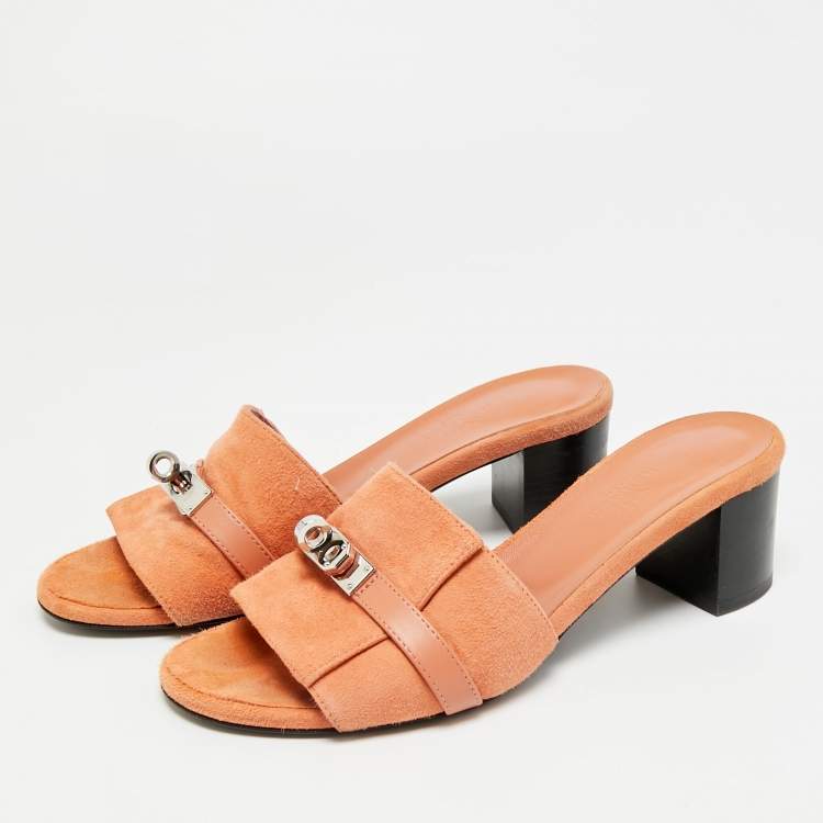 Pre Owned Hermès Gigi Size 37 Brown Leather and Suede Block Heel Slide Sandals