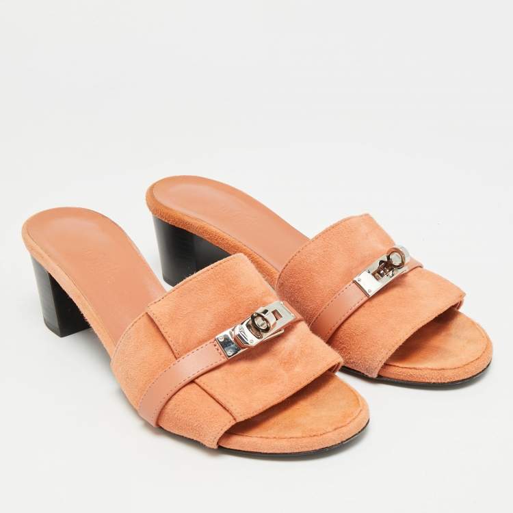 Pre Owned Hermès Gigi Size 37 Brown Leather and Suede Block Heel Slide Sandals