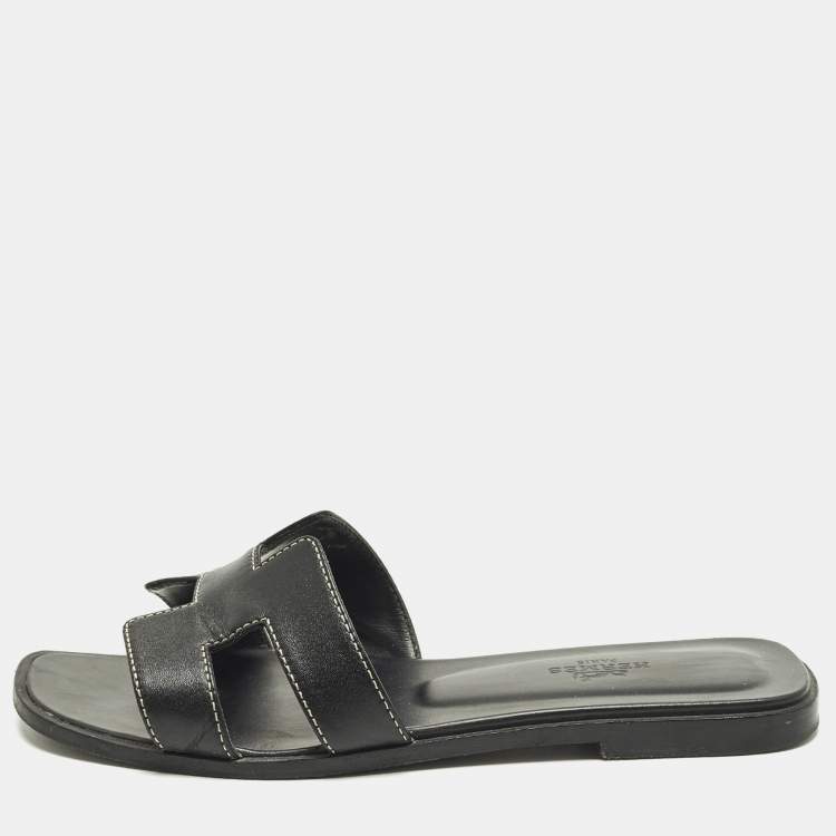 Pre Owned Hermes Oran Size 37 Black Leather Flat Slide Sandals