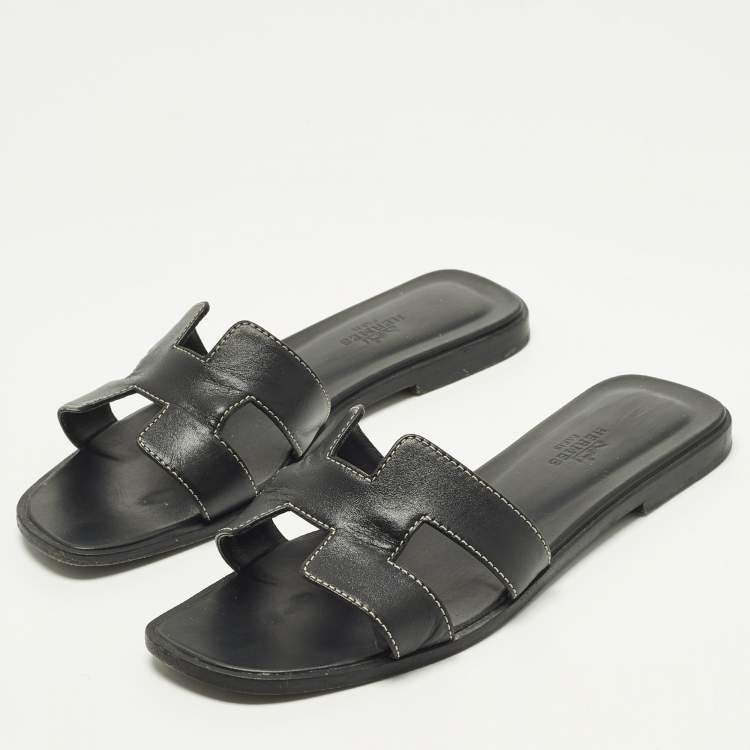 Pre Owned Hermes Oran Size 37 Black Leather Flat Slide Sandals