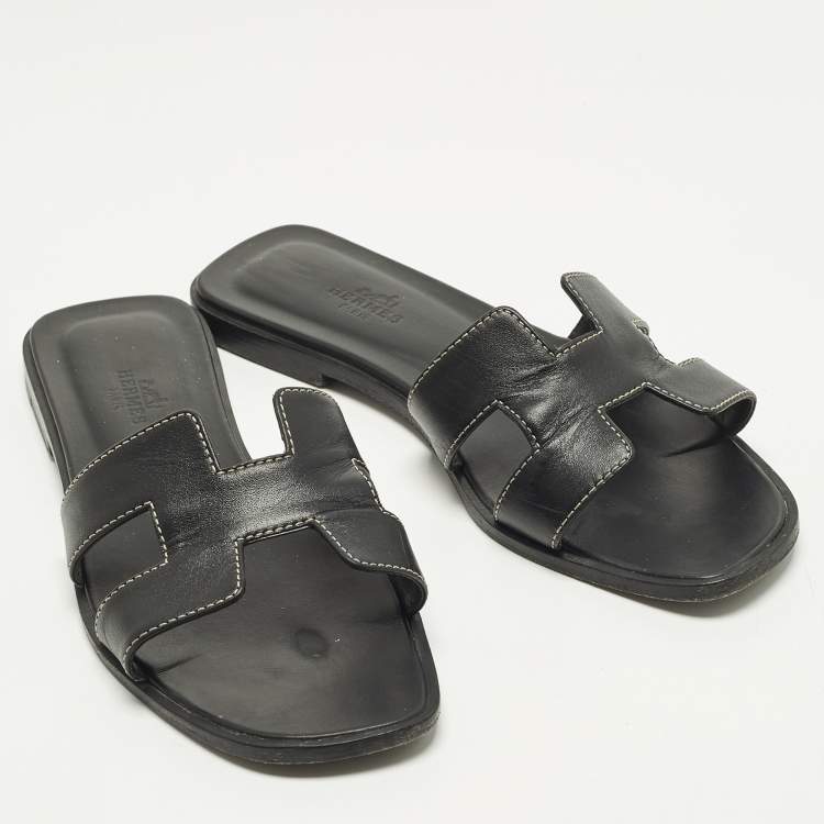 Pre Owned Hermes Oran Size 37 Black Leather Flat Slide Sandals