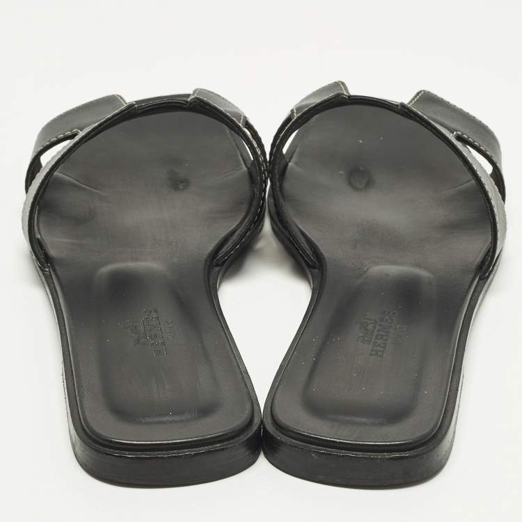 Pre Owned Hermes Oran Size 37 Black Leather Flat Slide Sandals