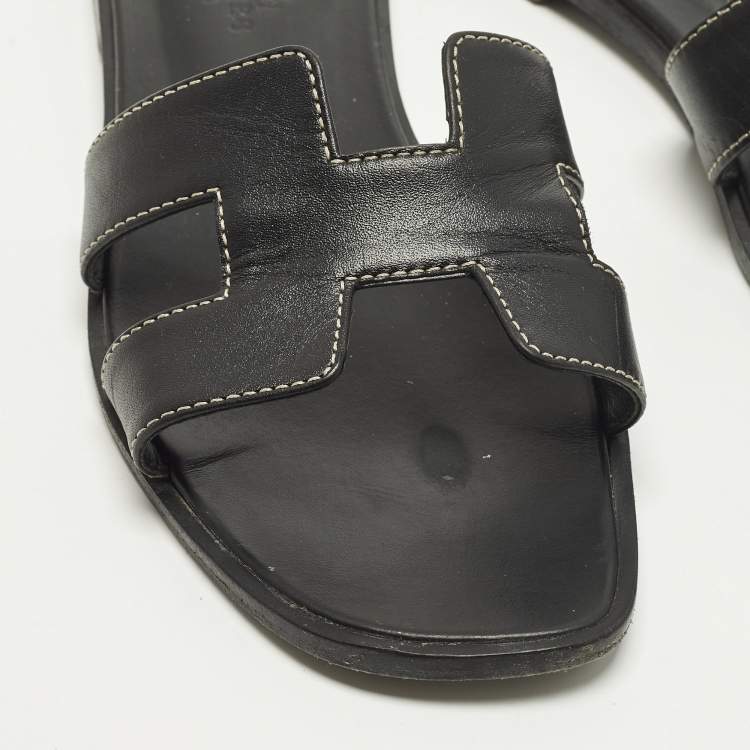 Pre Owned Hermes Oran Size 37 Black Leather Flat Slide Sandals