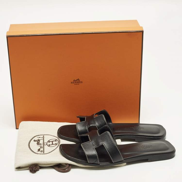 Pre Owned Hermes Oran Size 37 Black Leather Flat Slide Sandals