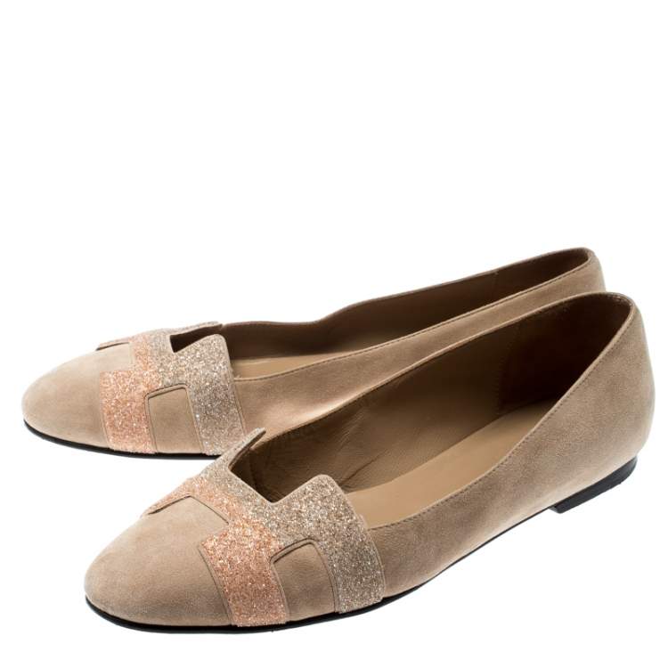 Pre Owned Hermes Beige Suede And Crystal Powder Nice Ballet Flats Size 38