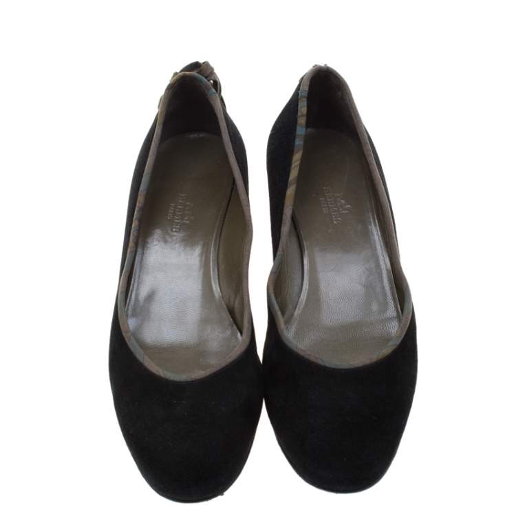 Pre Owned Hermes Black Suede Bow Detail Wedge Pumps Size 39