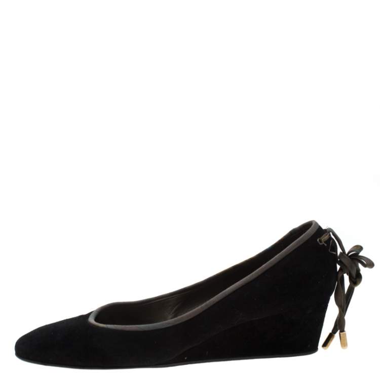 Pre Owned Hermes Black Suede Bow Detail Wedge Pumps Size 39