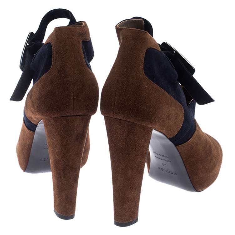 Pre Owned Hermes Blue/Brown Suede Double Ankle Strap Open Toe Booties Size 40