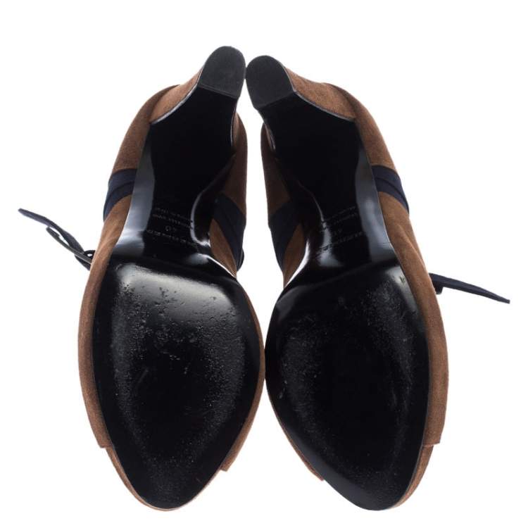 Pre Owned Hermes Blue/Brown Suede Double Ankle Strap Open Toe Booties Size 40