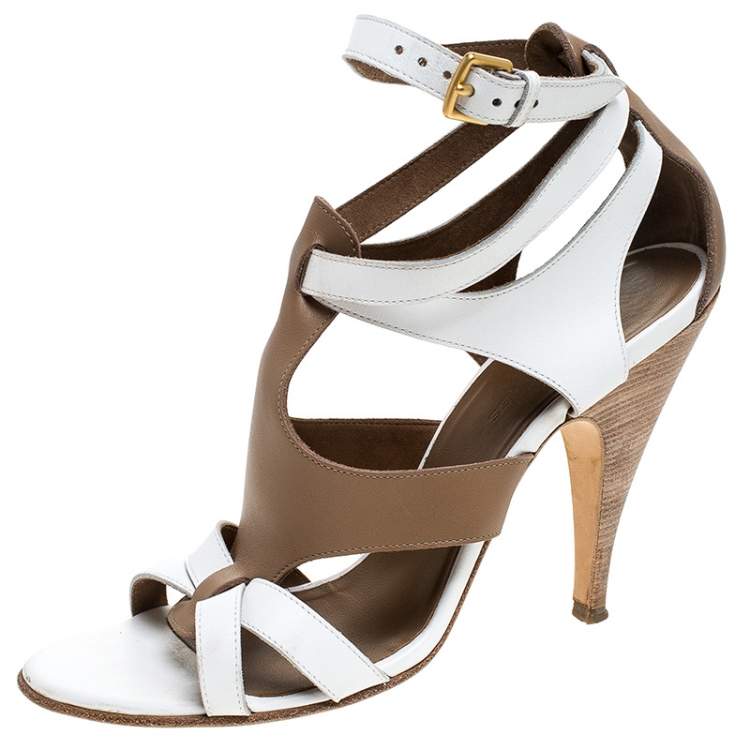 Hermes White/Brown Leather Strappy Open Toe Sandals Size 38 Hermes ...