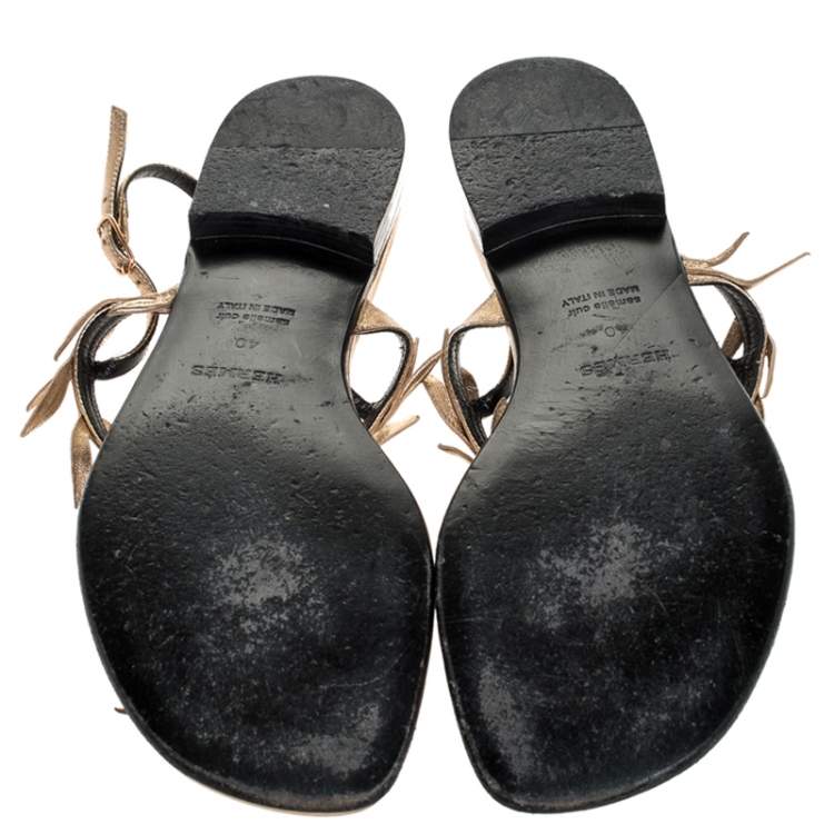 Pre Owned Hermes Metallic Rose Gold Leather Ankle Strap Thong Flats Size 40