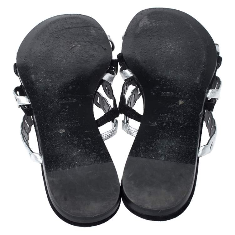 Pre Owned Hermes Metallic Silver Leather And Black Suede Chaine D'ancre Flat Sandals Size 40
