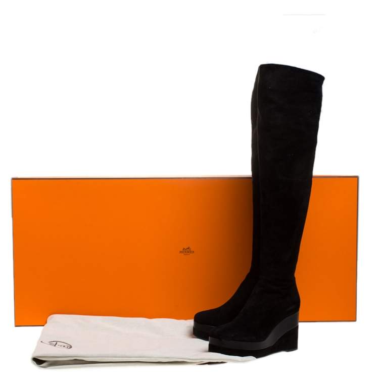 Pre Owned Hermes Black Suede And Leather Platform Wedge Over The Knee Boots Size 37