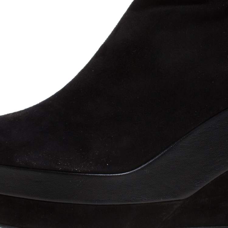Pre Owned Hermes Black Suede And Leather Platform Wedge Over The Knee Boots Size 37