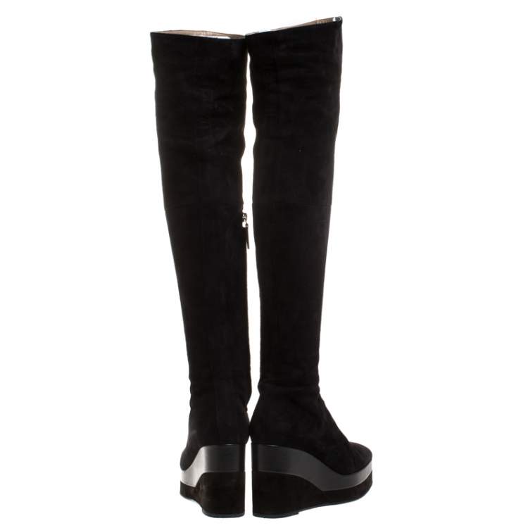 Pre Owned Hermes Black Suede And Leather Platform Wedge Over The Knee Boots Size 37